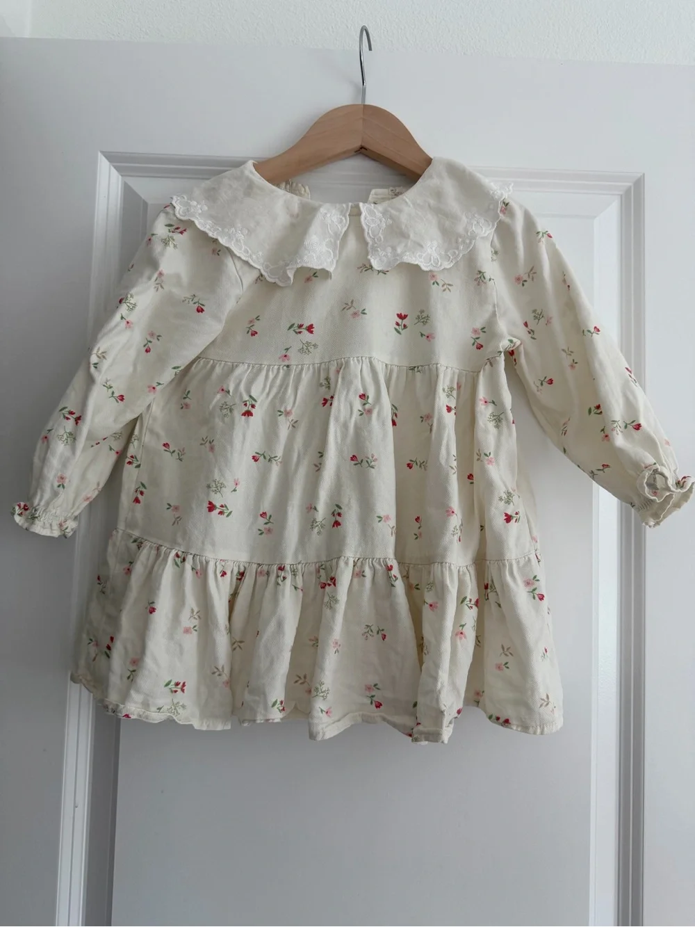 Girls Cream Floral Tiered Dress with Lace Collar
